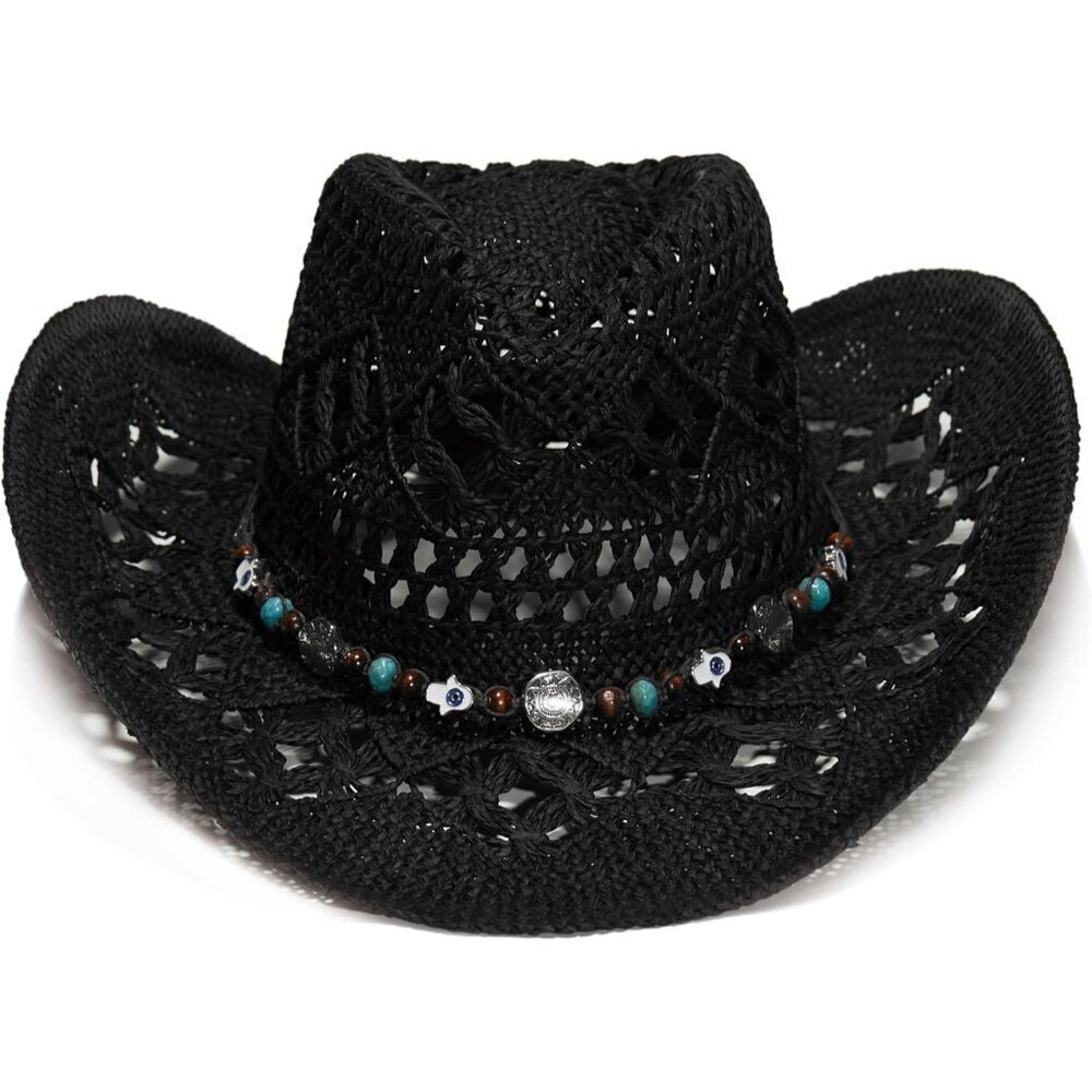 Faux Raffia Cowboy Hat Wide Brim Sun Protection Beach Vacation Accessory - Picture 3 of 7